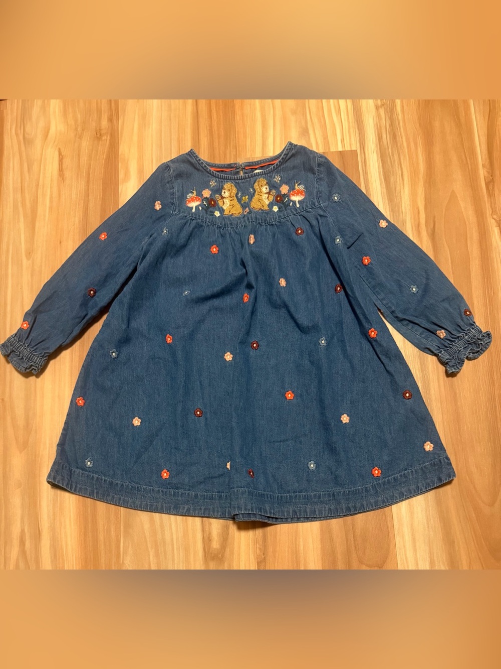 Mini Boden Blue Denim Dress with Embroidered Forest Friends and Flowers